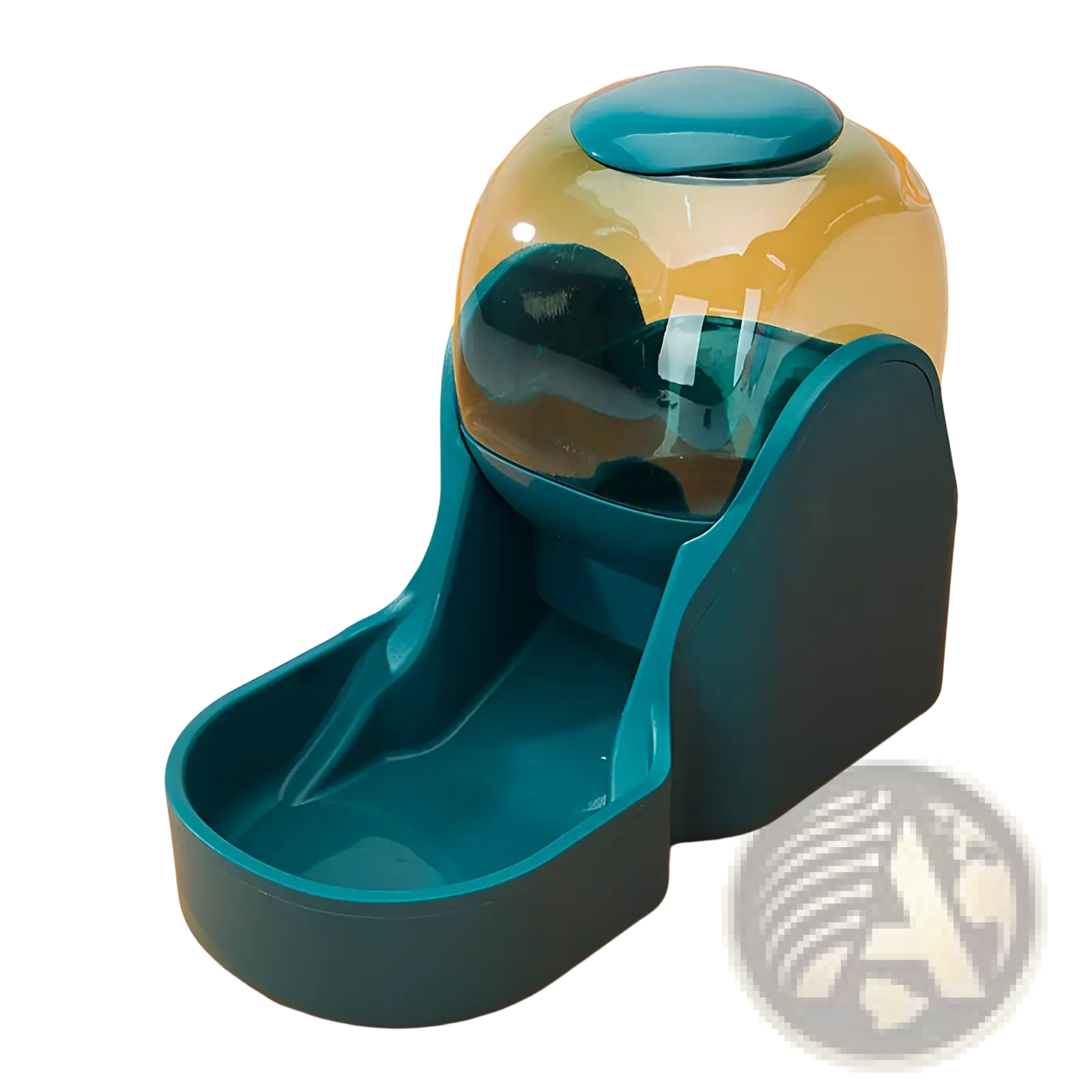 Teal plastic automatic pet water dispenser with transparent dome and curved base for feeding and hydration