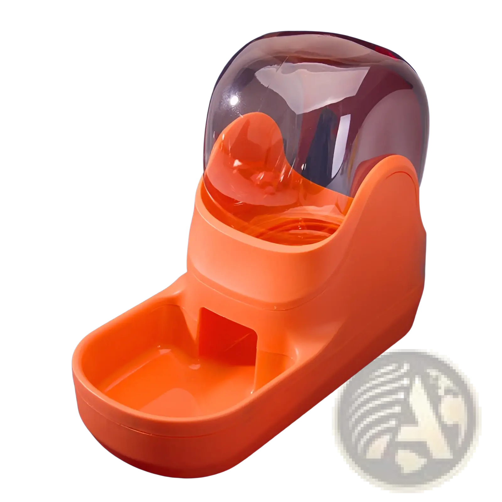 Automatic pet water dispenser and food feeder station with bright orange plastic body and clear dome-shaped lid