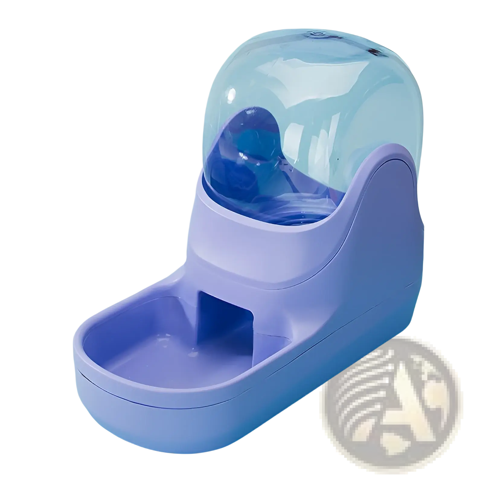 Automatic pet water dispenser and food feeder station with a purple base clear dome cover and blue liquid inside