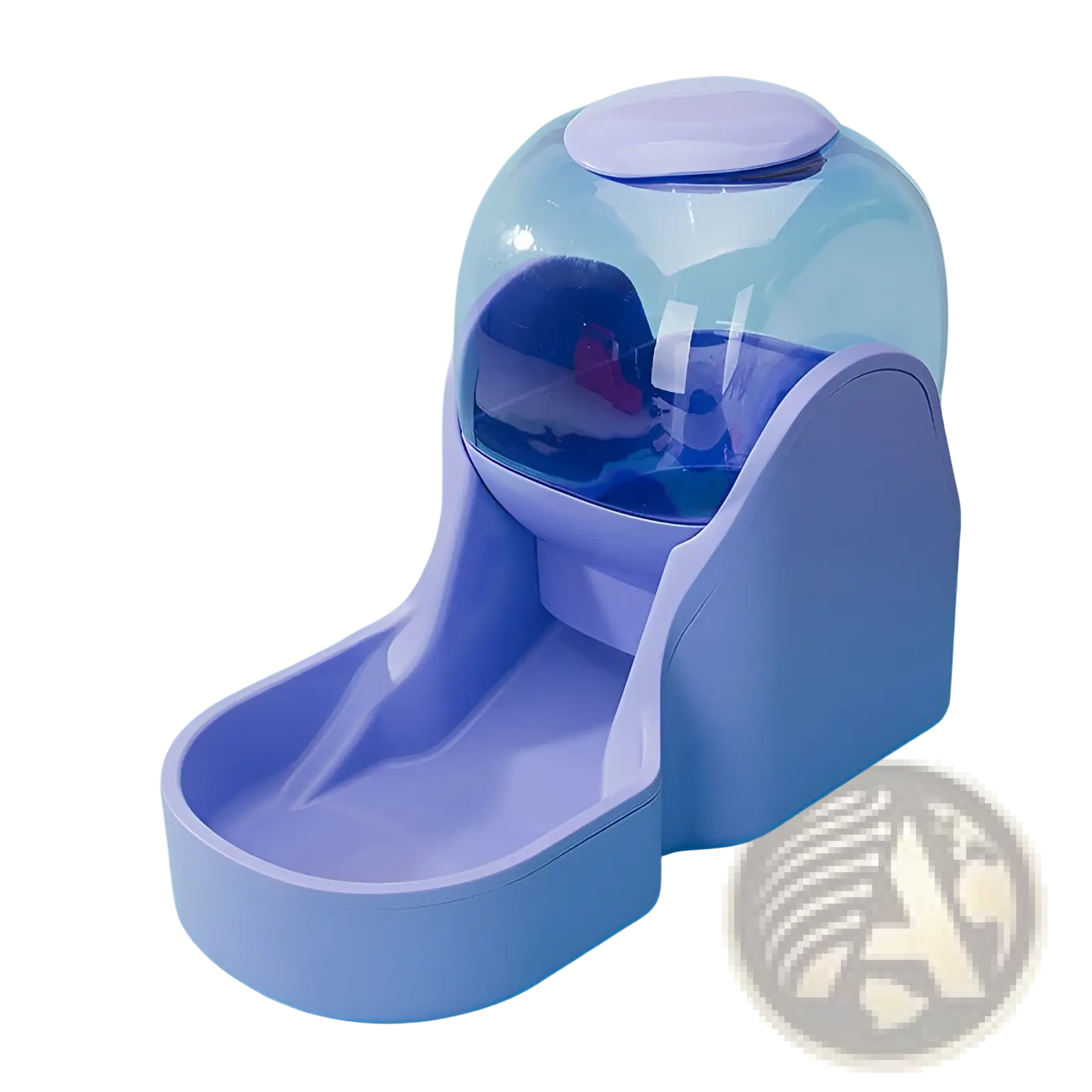 Automatic pet water dispenser and food feeder station with purple plastic base, transparent dome, and blue interior for pets