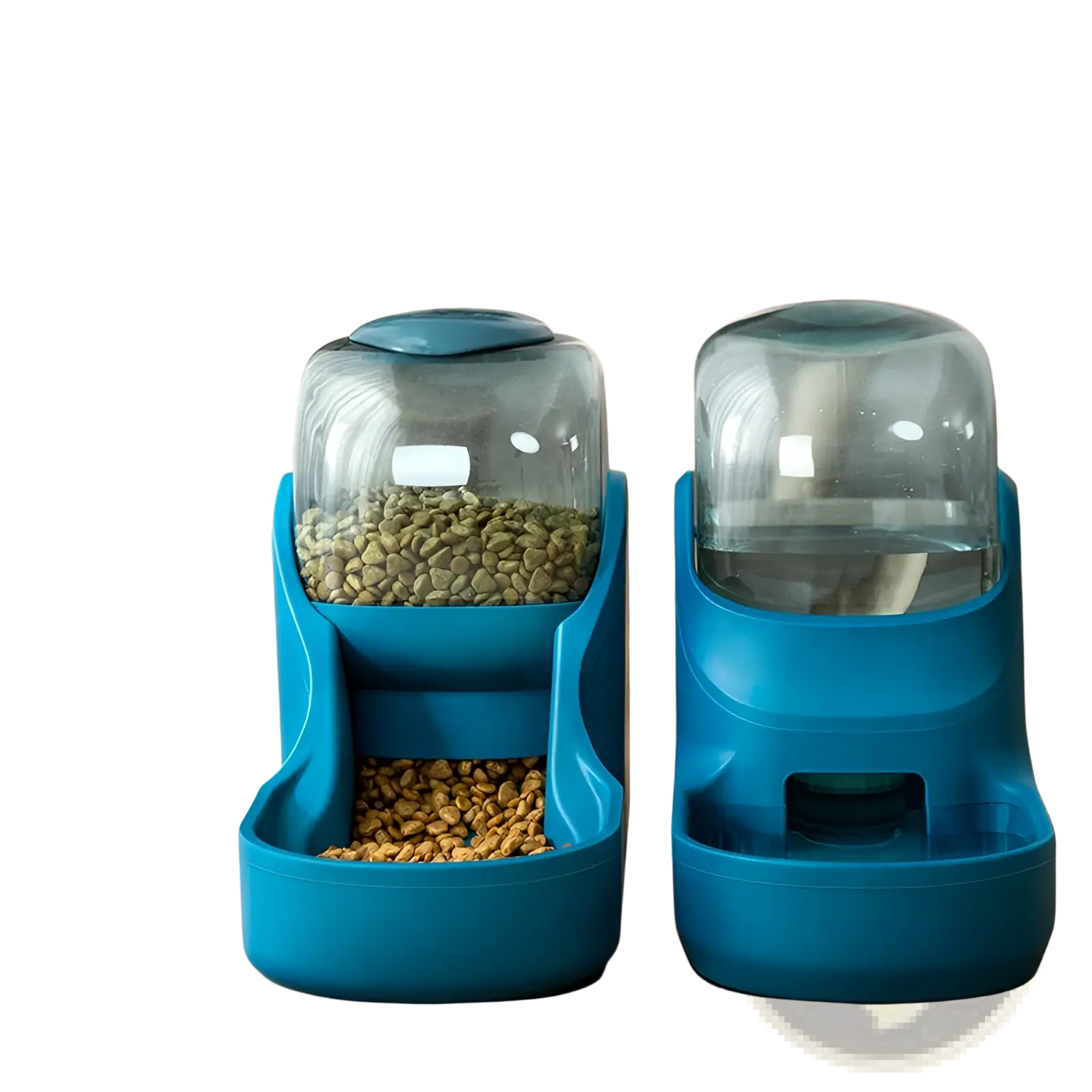 Automatic pet water dispenser and food feeder station in blue with transparent dome and dual food and water compartments
