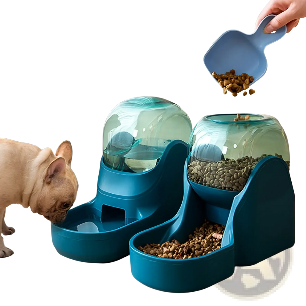 Blue automatic pet water dispenser and food feeder station with transparent dome and dual food and water compartments
