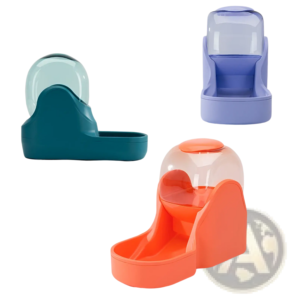 Automatic pet water dispenser and food feeder station with transparent domes in teal purple and orange plastic bodies