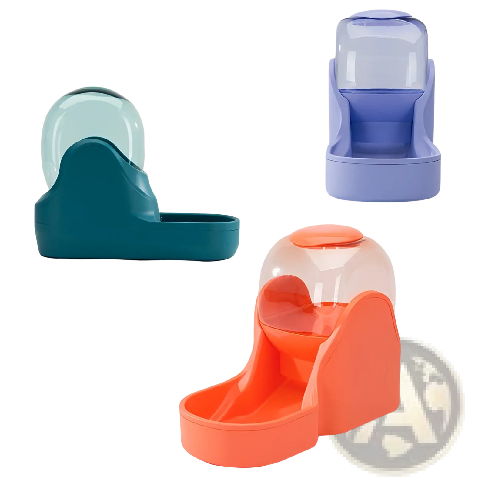 Automatic pet water dispenser and food feeder station with transparent domes in teal purple and orange plastic bodies