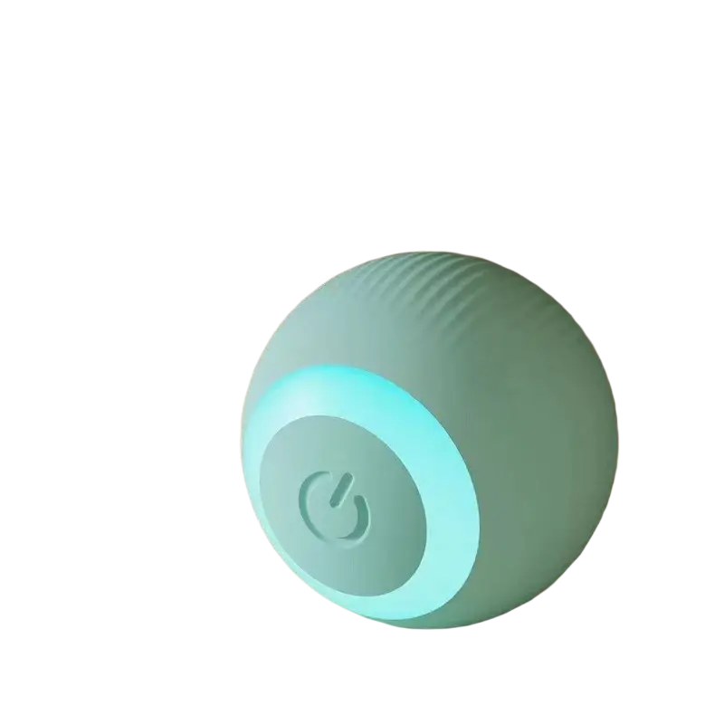 Matte light green automatic rolling interactive cat toy ball with ribbed texture and glowing blue power button ring