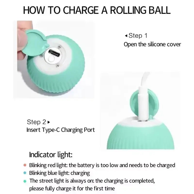 A mint green silicone automatic rolling interactive cat toy ball with white interior and type-c charging port visible