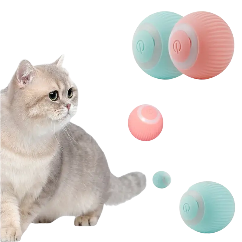 Pastel pink and teal silicone automatic rolling cat toy balls with ribbed texture and power button design