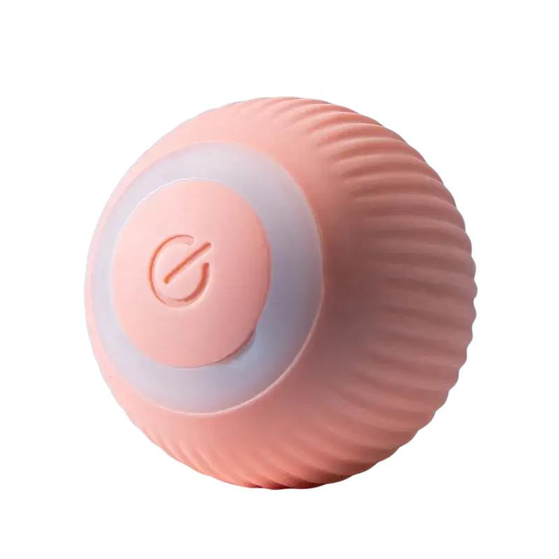 A soft pink ribbed silicone automatic rolling interactive cat toy ball with a translucent button featuring a power symbol