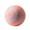 A soft pink ribbed silicone automatic rolling interactive cat toy ball with a translucent button featuring a power symbol