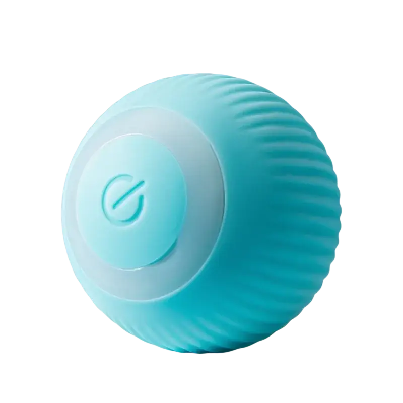 Teal silicone automatic rolling interactive cat toy ball with ribbed texture and a circular power button on its flat side
