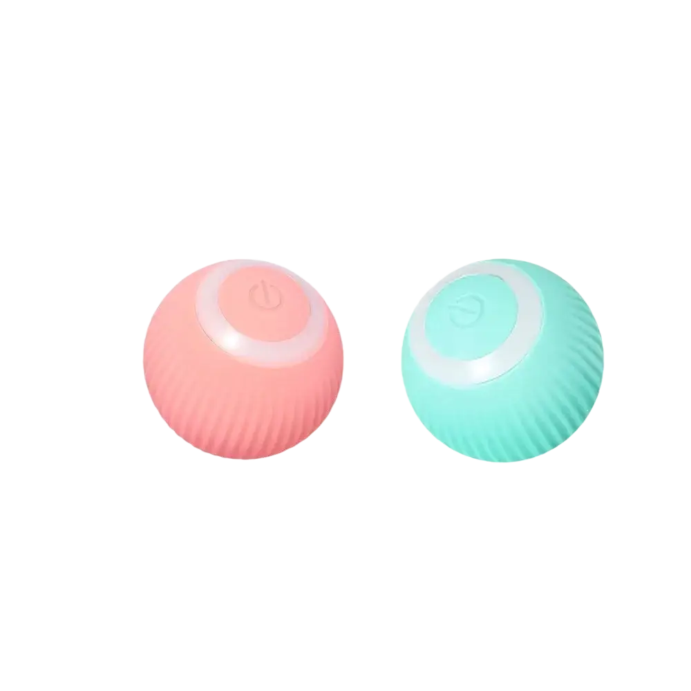 Two pastel-colored ribbed automatic rolling interactive cat toy balls with a central power button and translucent ring