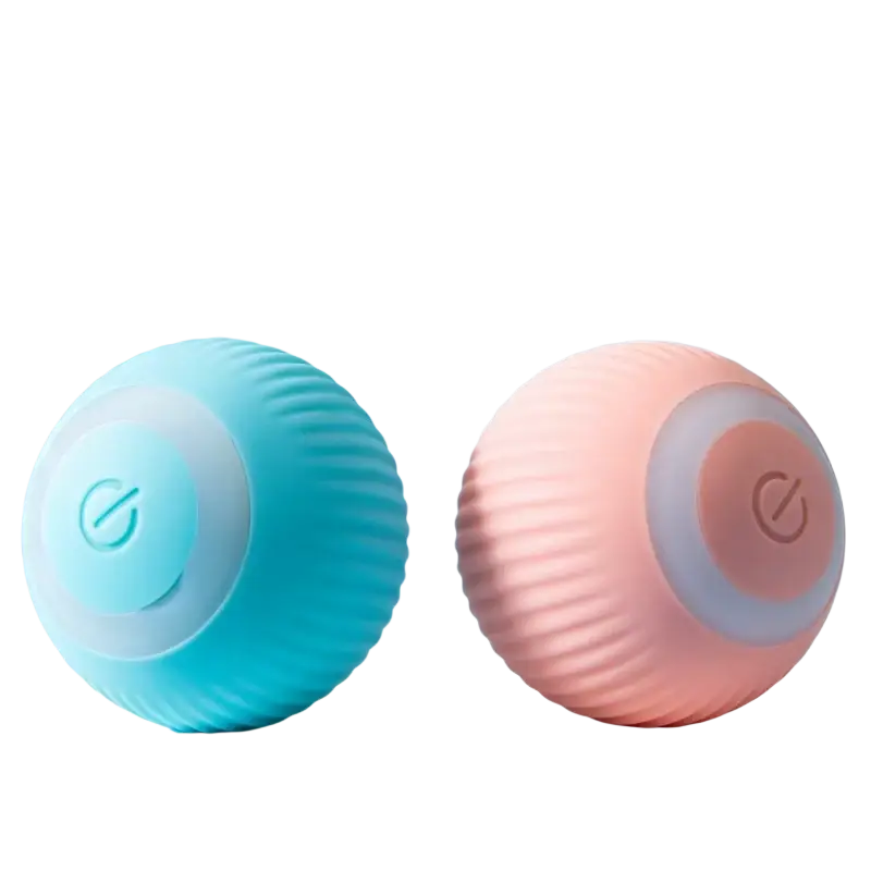 Two soft ribbed silicone automatic rolling cat toy balls in pastel blue and pink with a central button feature