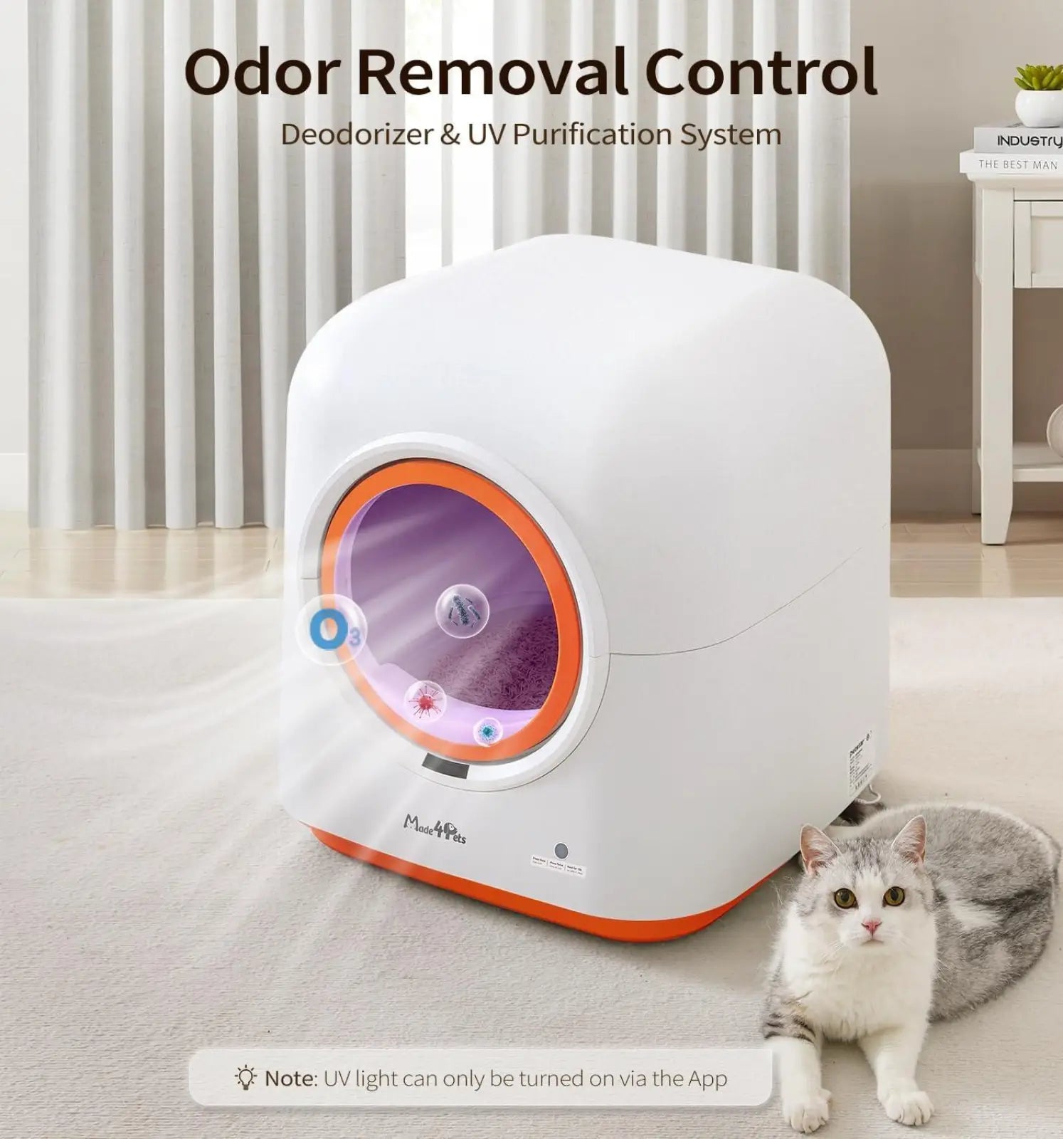 Automatic self cleaning cat litter box 60l with white and orange meepits odor removal control deodorizer and uv purification system