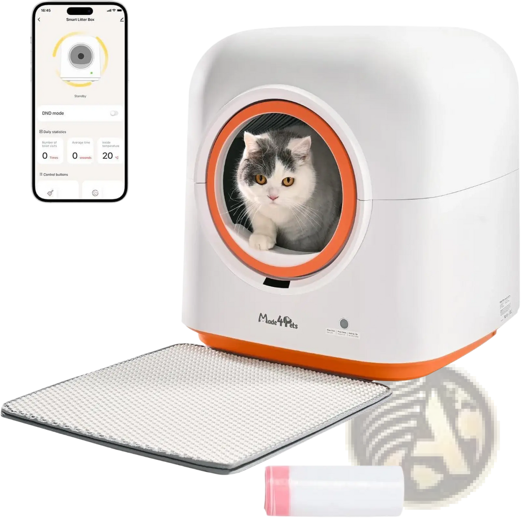 White and orange mee4pets automatic self cleaning cat litter box with circular entrance 60l capacity