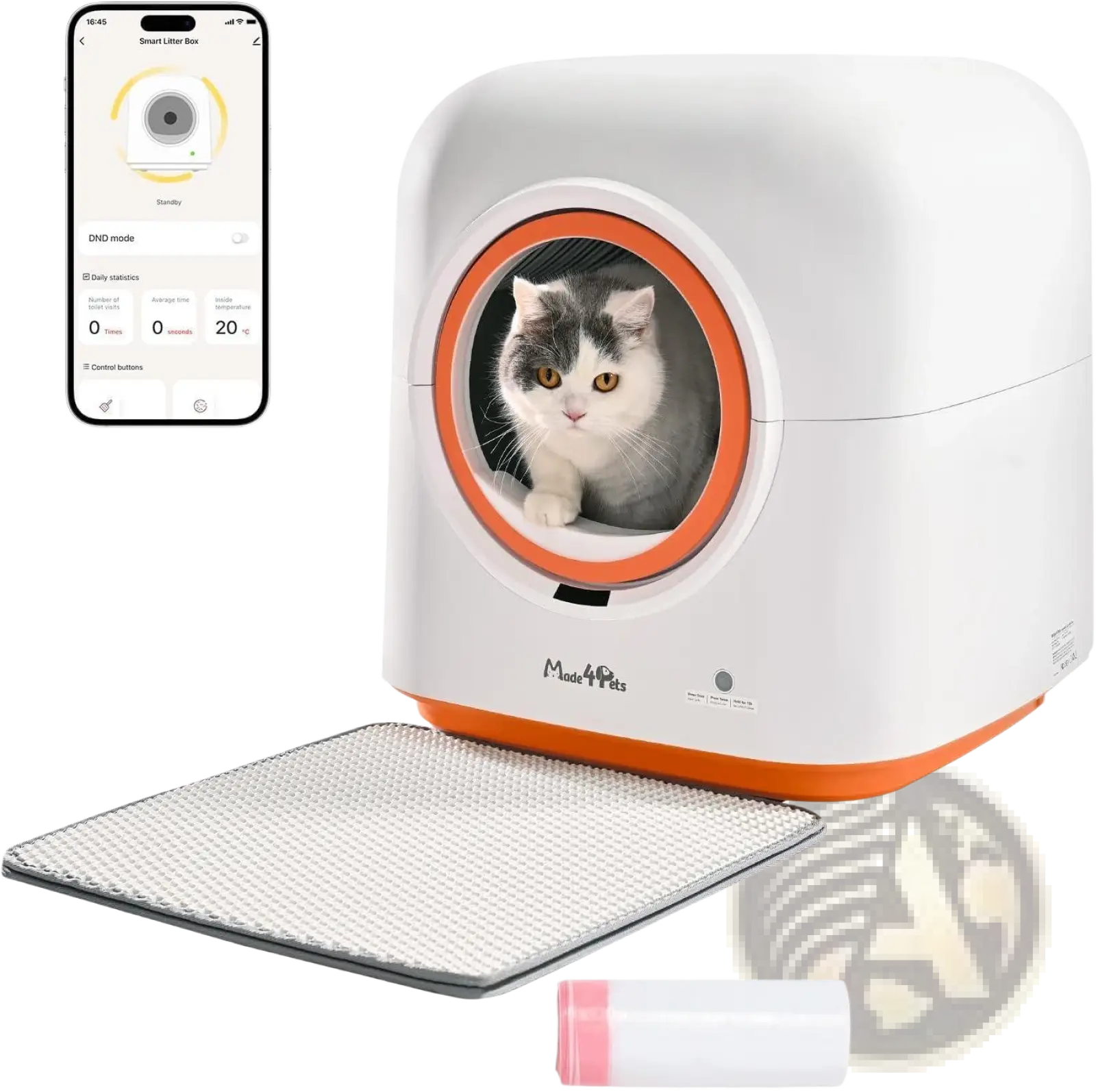 White and orange mee4pets automatic self cleaning cat litter box with circular entrance 60l capacity