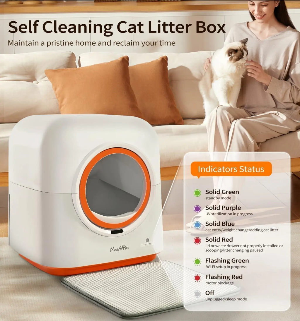 White and orange automatic self cleaning cat litter box 60l with circular entrance for easy pet access