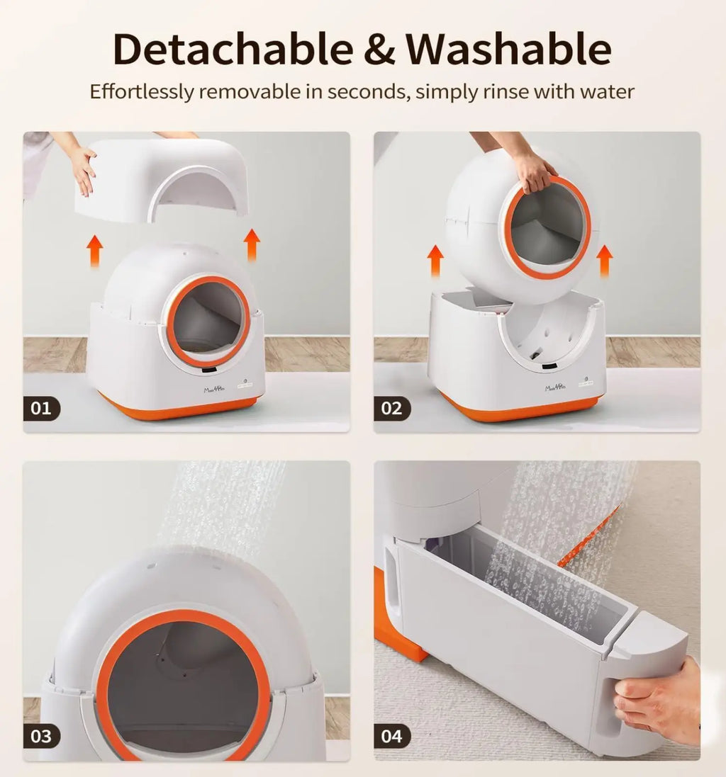 Automatic self cleaning cat litter box 60l in white and orange with detachable washable components and modern design