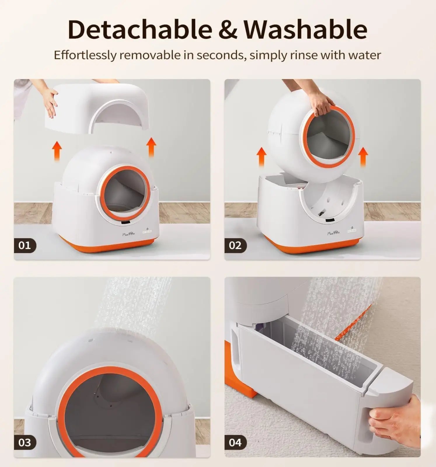 Automatic self cleaning cat litter box 60l in white and orange with detachable washable components and modern design