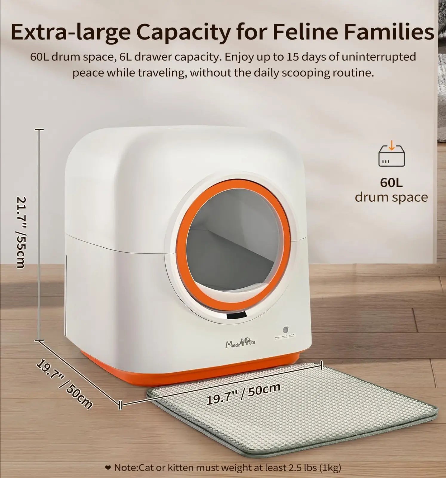 Automatic self cleaning cat litter box 60l in white and orange with circular entrance for feline families