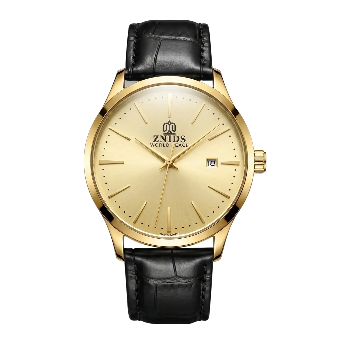 Gold-tone znids world peace automatic skeleton mechanical watch with black leather strap and cream-colored dial