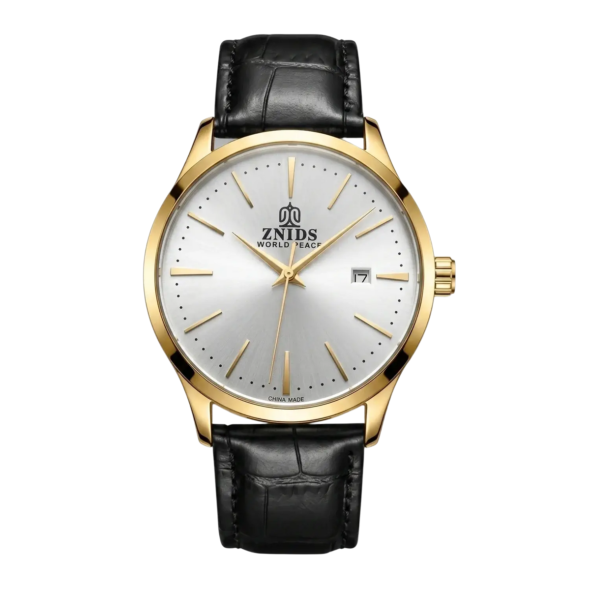 Gold-tone znids automatic skeleton mechanical wristwatch with silver dial, black leather strap, and date display