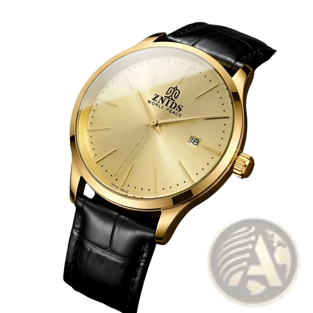 Gold-tone automatic skeleton mechanical watch with sleek minimalist dial and black leather strap for world peace