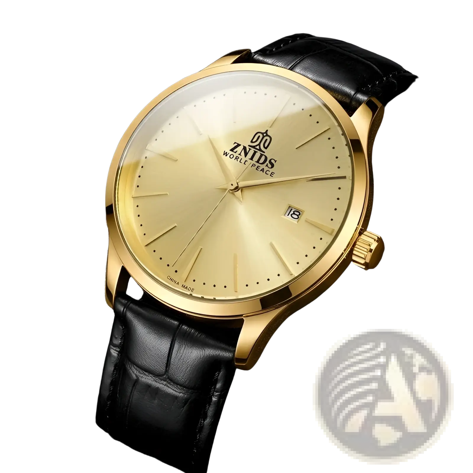 Gold-tone automatic skeleton mechanical watch with sleek minimalist dial and black leather strap for world peace