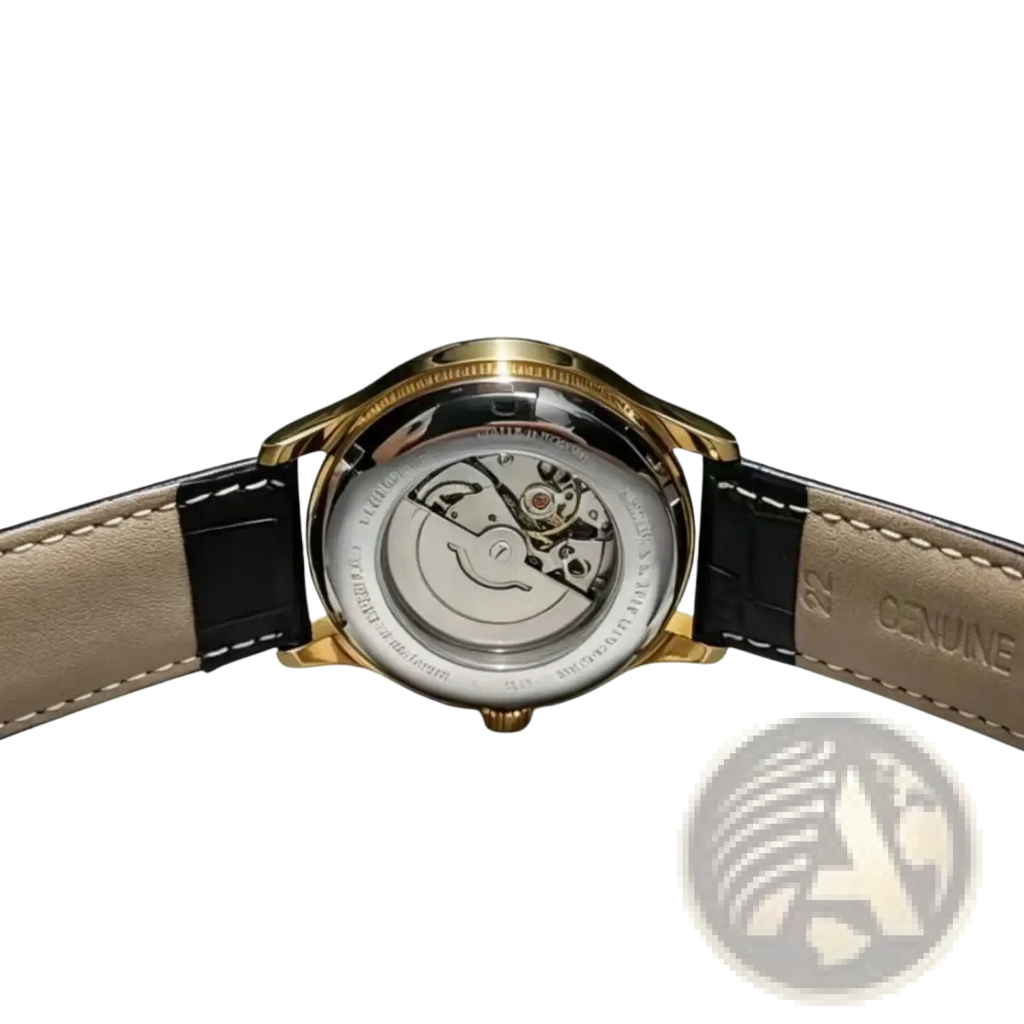 Automatic skeleton mechanical watch with gold-toned case and black and beige leather straps showing movement details