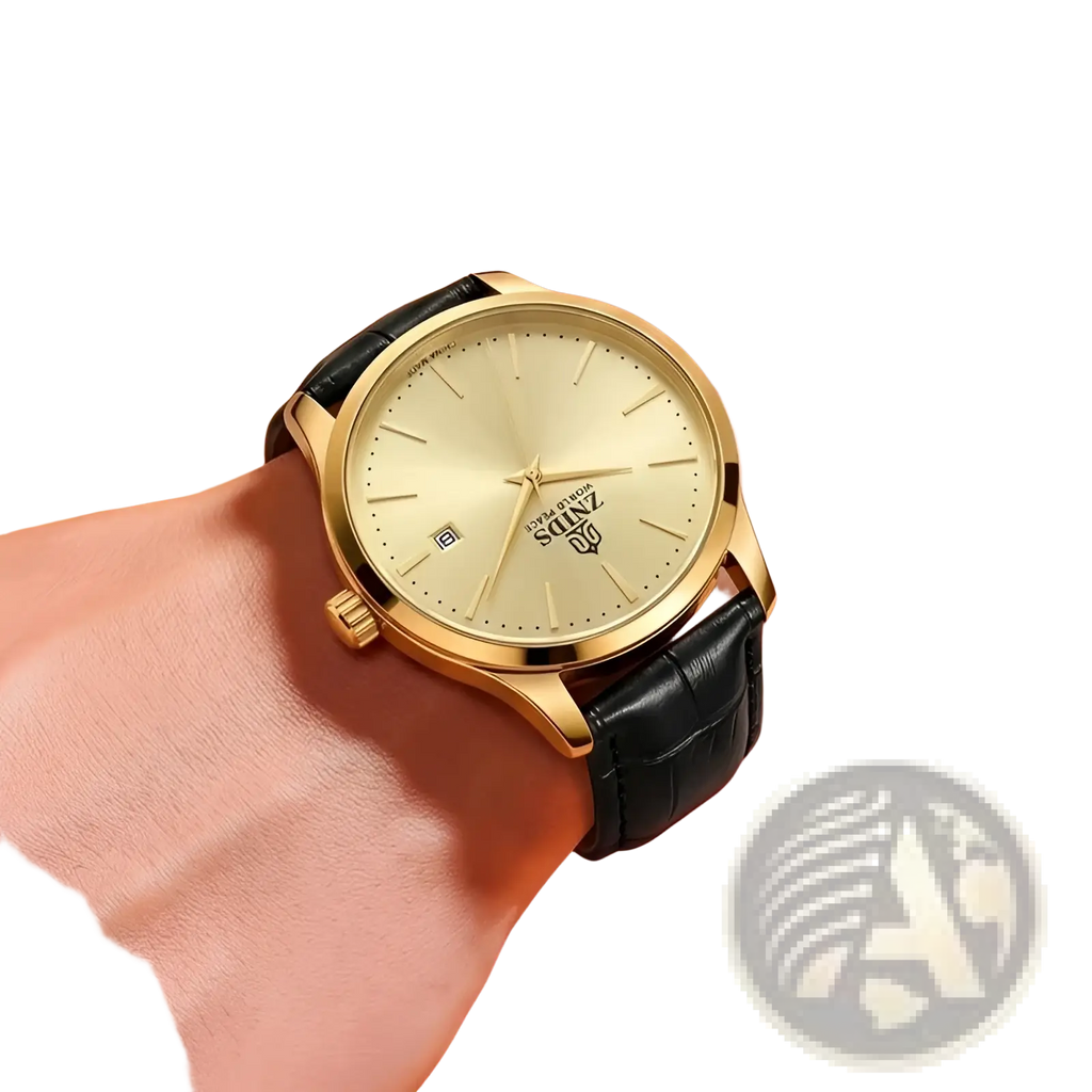 Gold-toned zands automatic skeleton mechanical wristwatch with black leather strap and minimalist dial