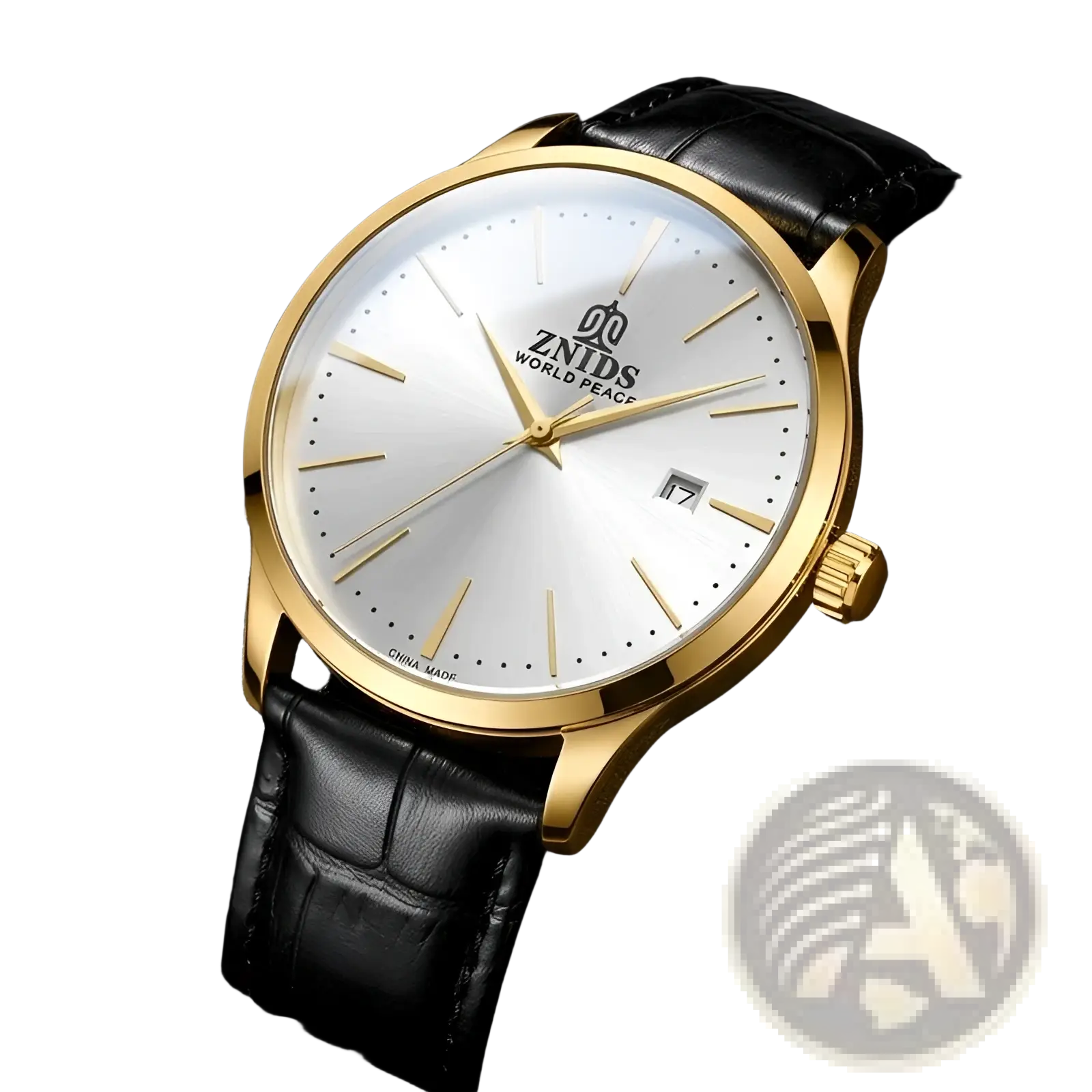 Gold-toned znids world peace automatic skeleton mechanical watch with white dial and black leather strap