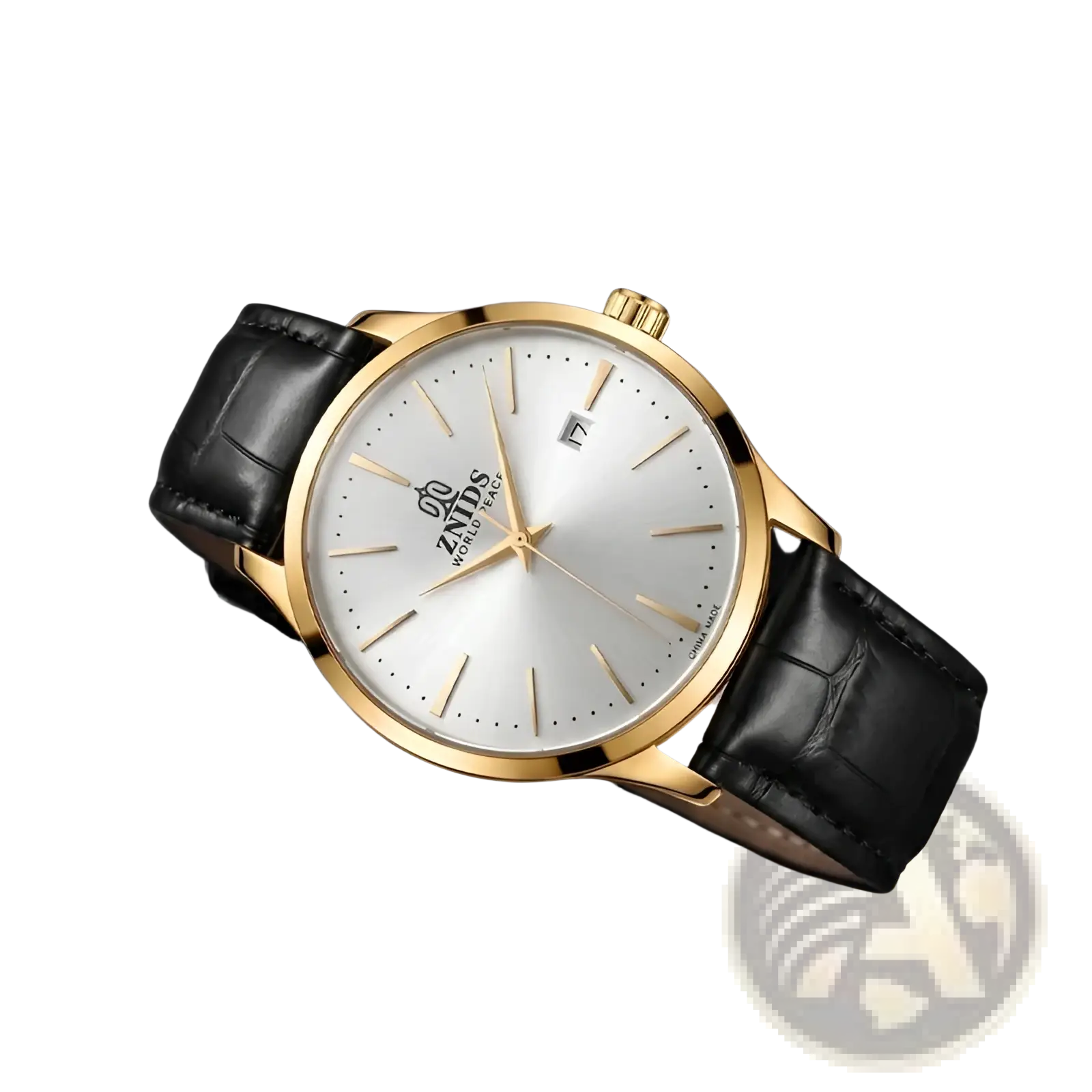 Gold-toned znids automatic skeleton mechanical watch with silver dial and black leather strap in minimalist design