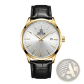 Gold-tone znids automatic skeleton mechanical wristwatch with silver dial, black leather strap, and date display