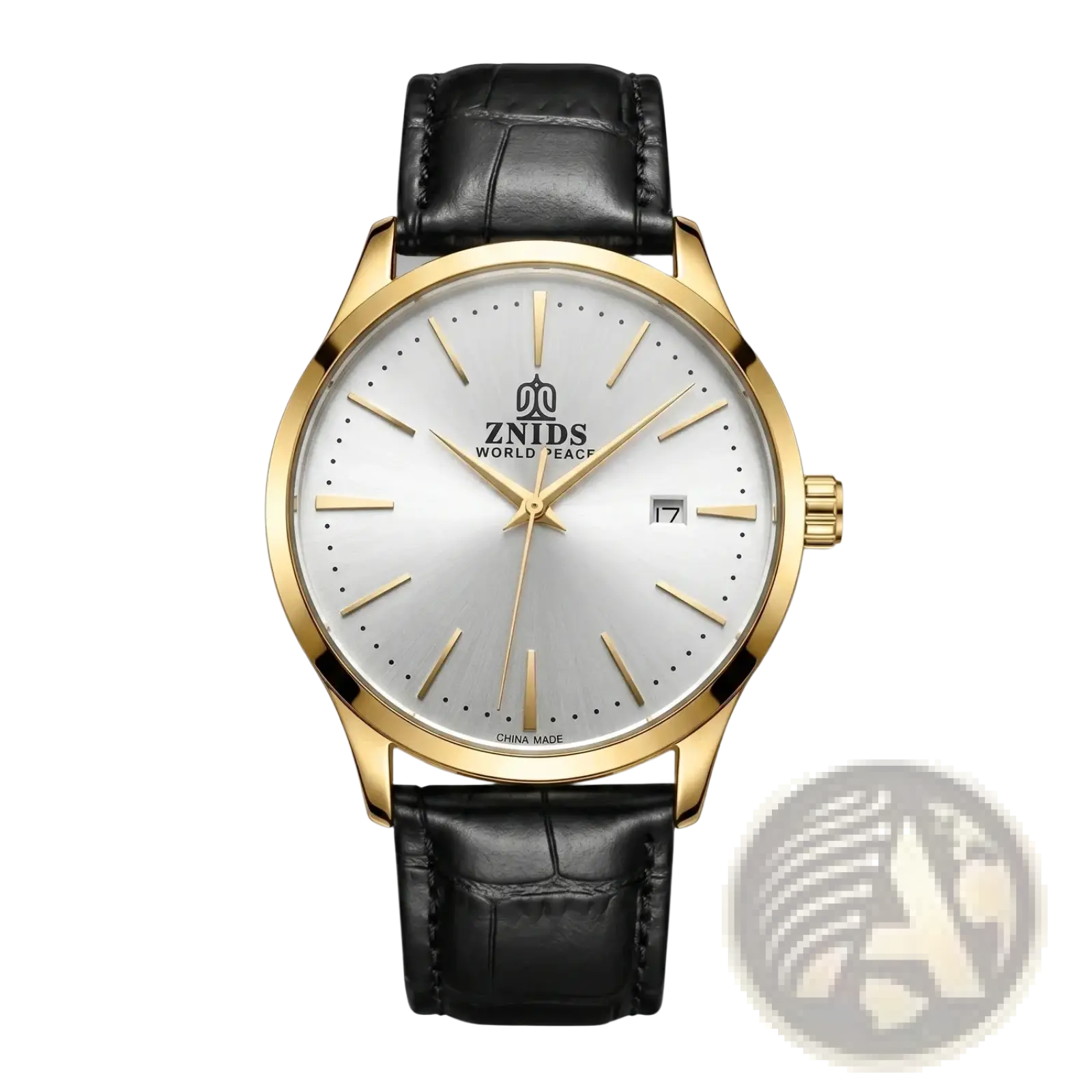 Gold-tone znids automatic skeleton mechanical wristwatch with silver dial, black leather strap, and date display