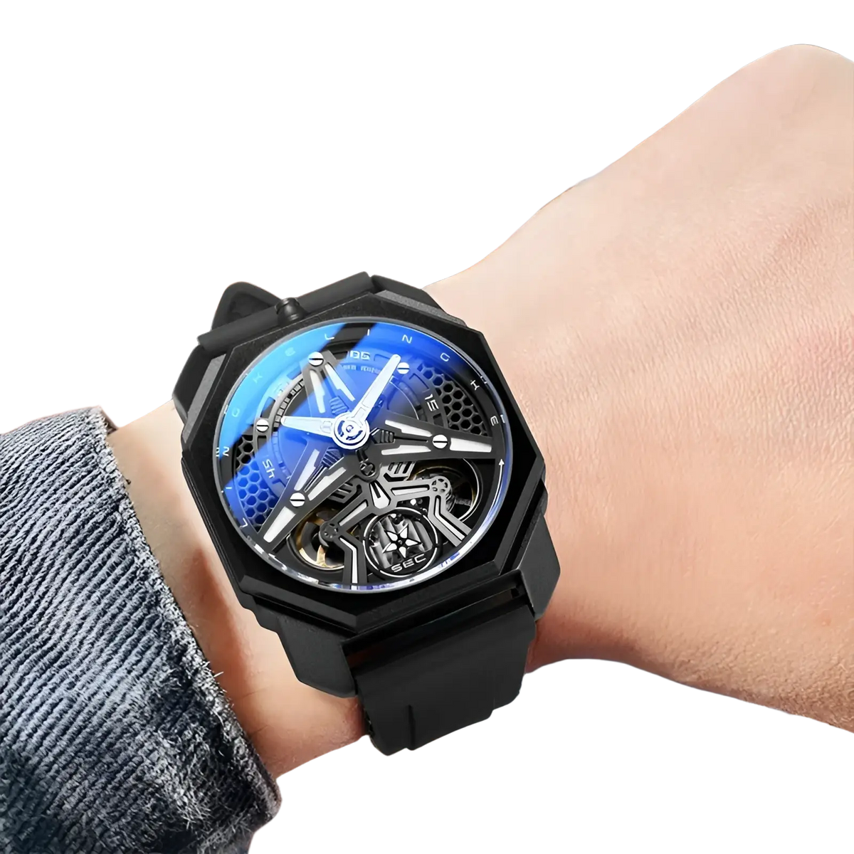 Automatic skeleton mechanical watch for men with black octagonal case blue dial and exposed gears on wrist