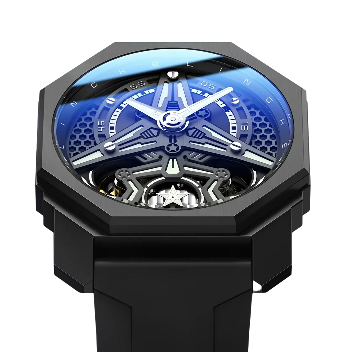 Automatic skeleton mechanical watch for men with black octagonal case, blue dial, exposed gears, and star-shaped components