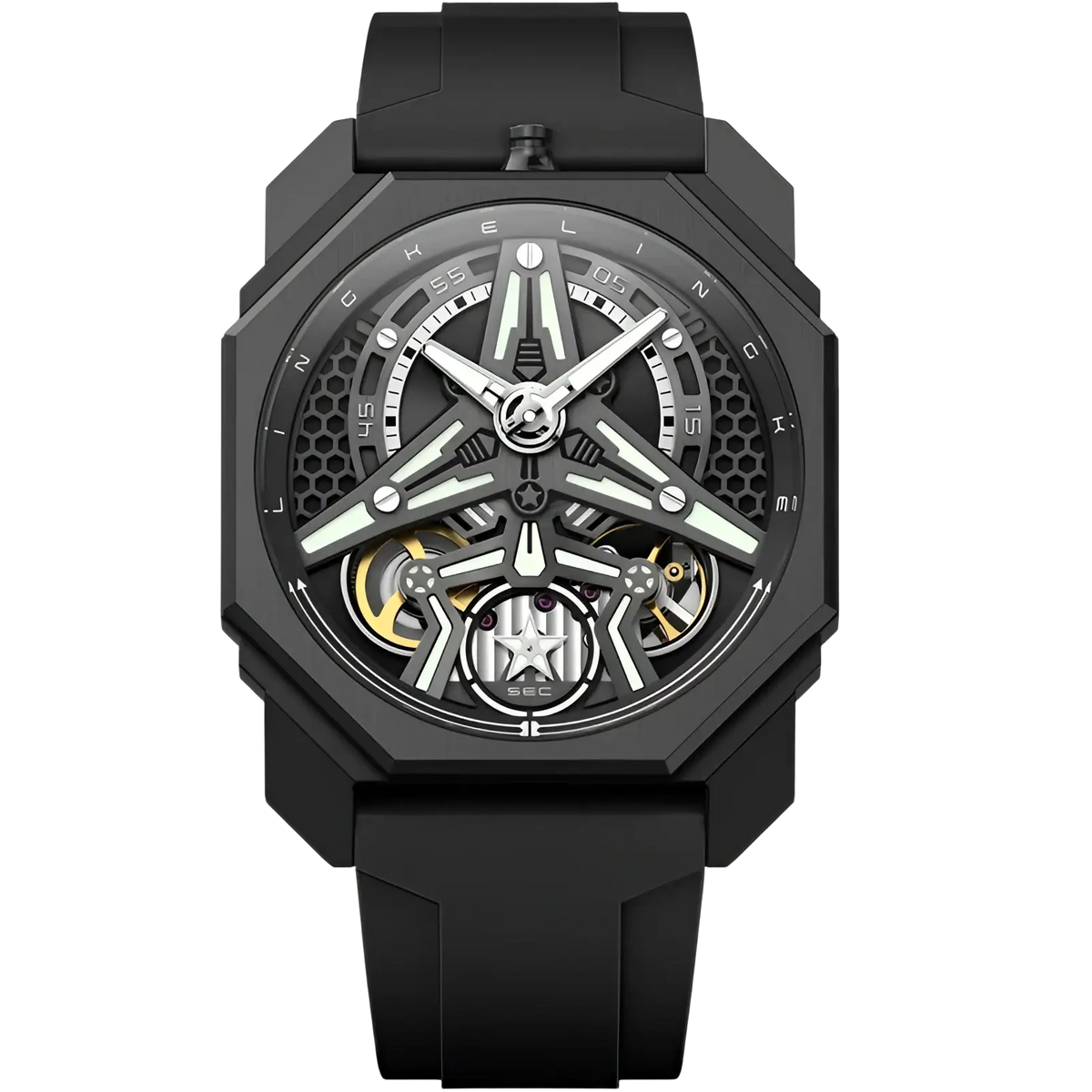 Black octagonal automatic skeleton mechanical watch for men with gold gears silver hands and nickelin bezel engraving