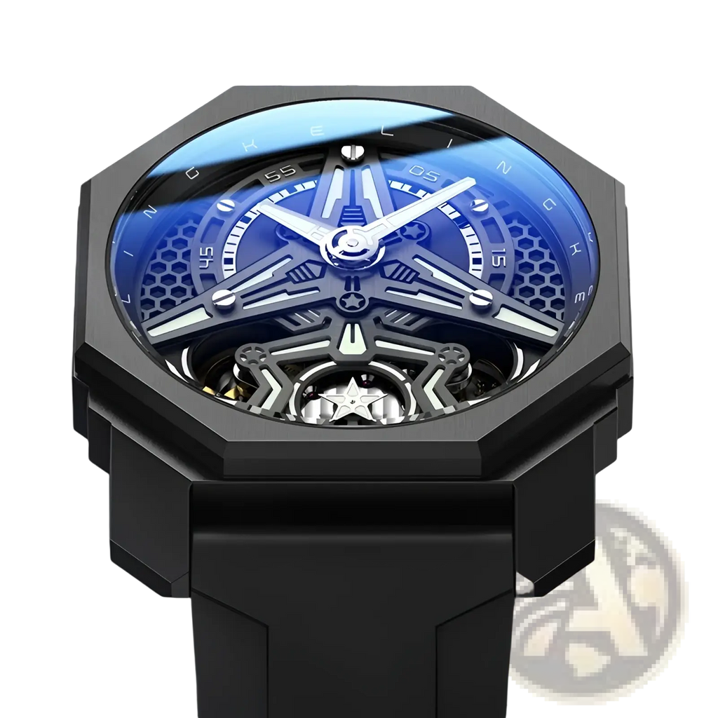 Automatic skeleton mechanical watch for men with black octagonal case, blue dial, exposed gears, and star-shaped components