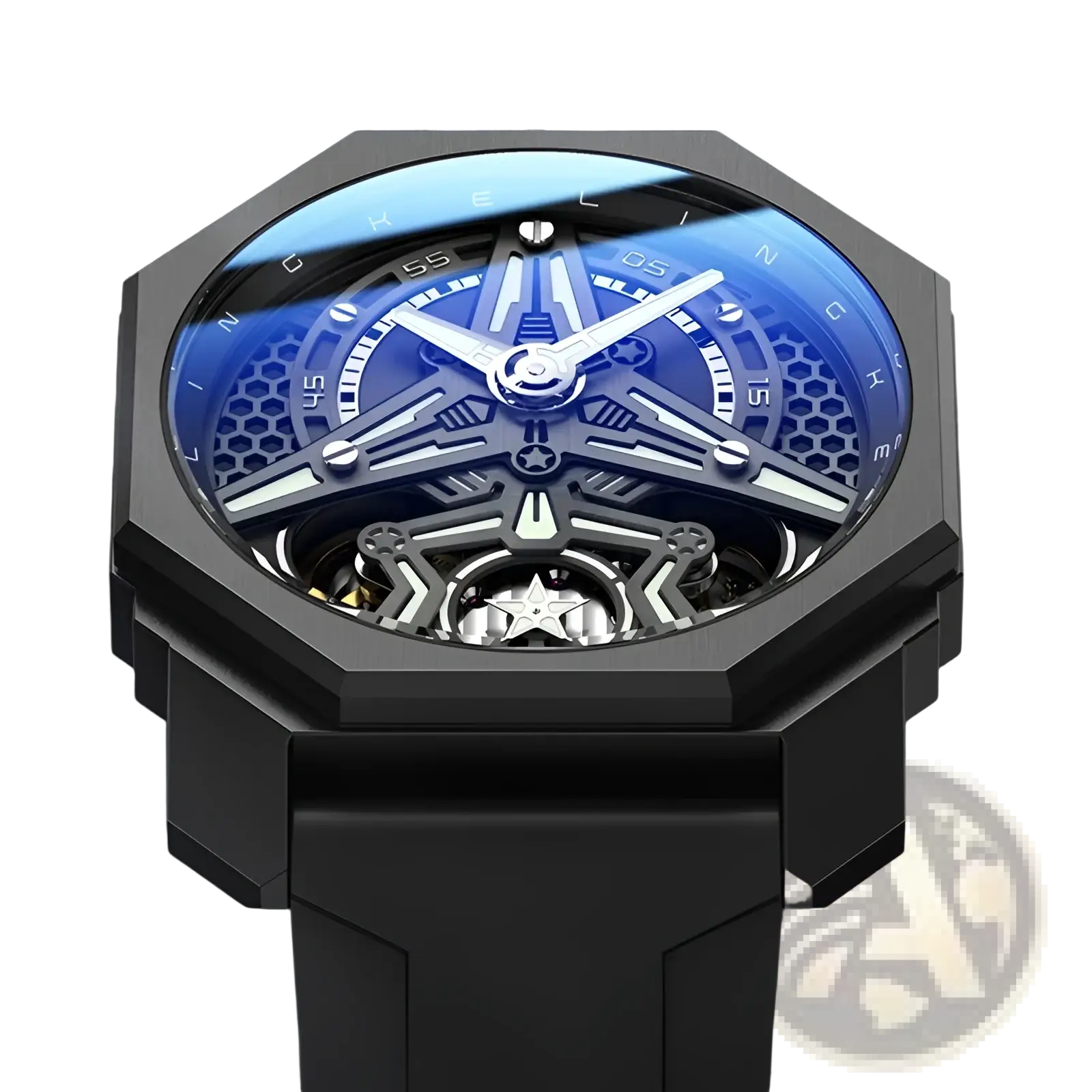Automatic skeleton mechanical watch for men with black octagonal case, blue dial, exposed gears, and star-shaped components