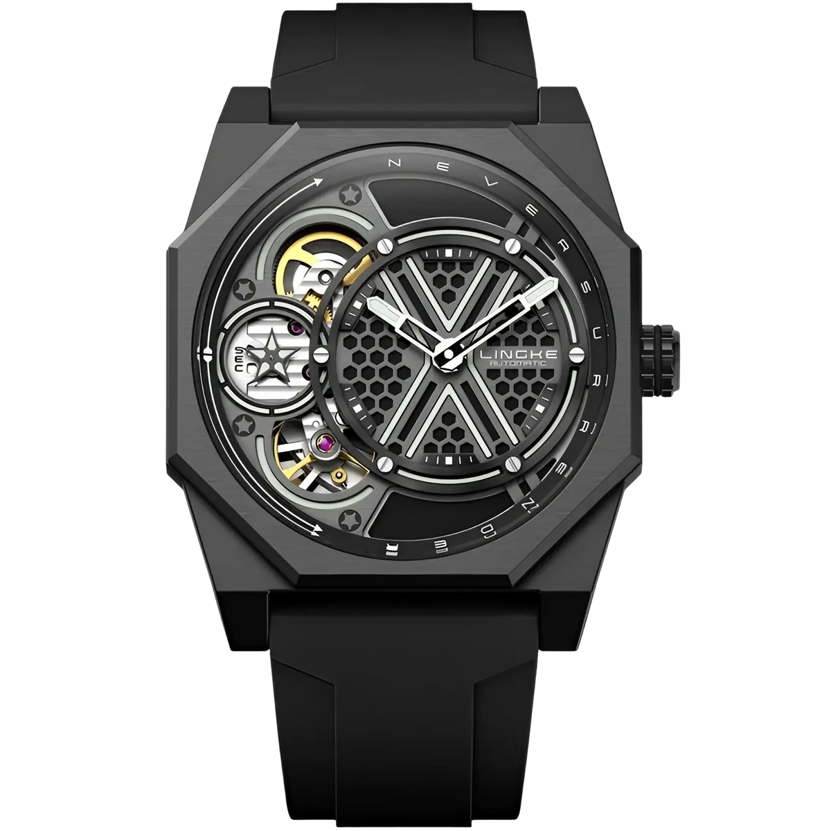 Automatic skeleton mechanical watch for men featuring a black octagonal face, gold gears, ruby accent, and rubber strap