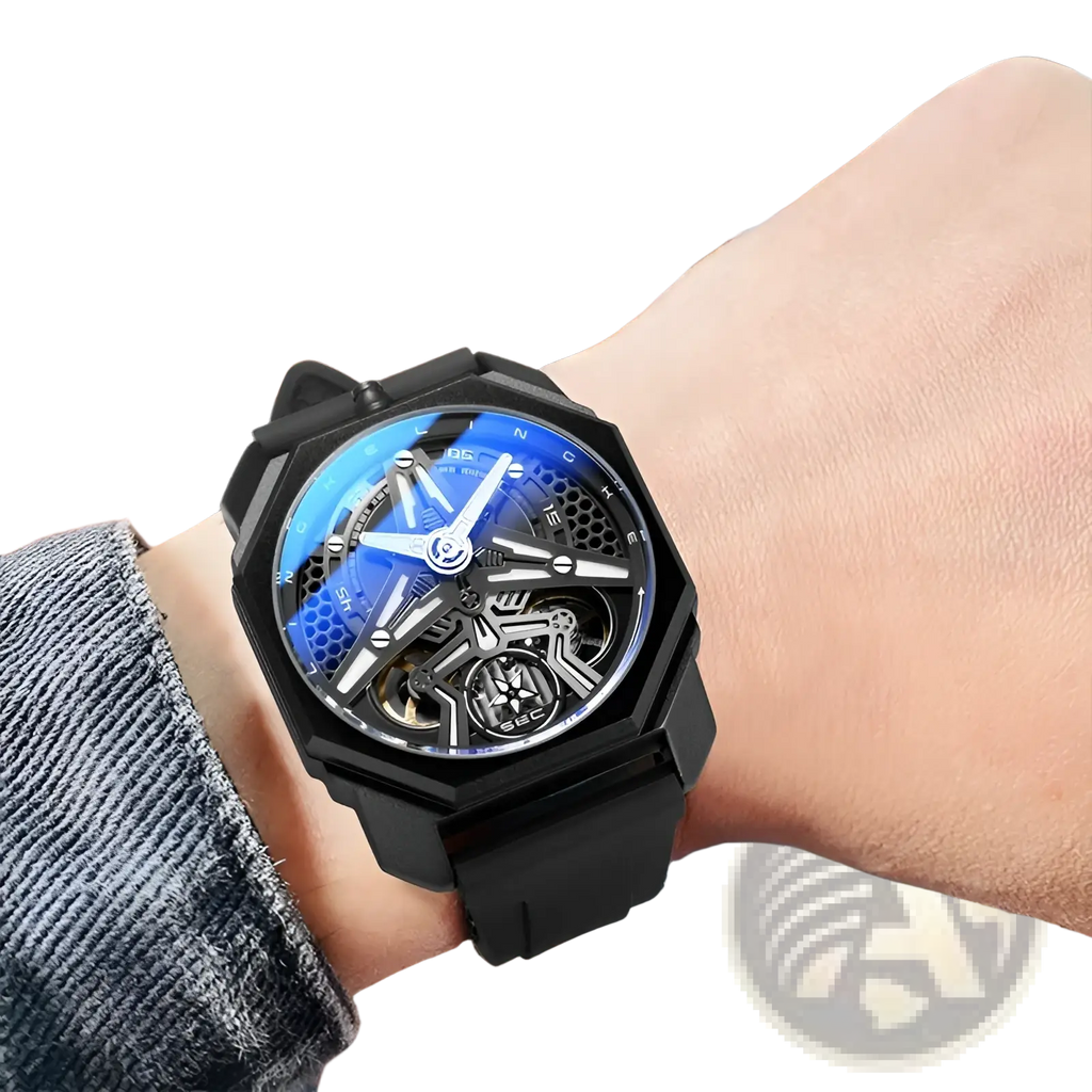 Automatic skeleton mechanical watch for men with black octagonal case blue dial and exposed gears on wrist