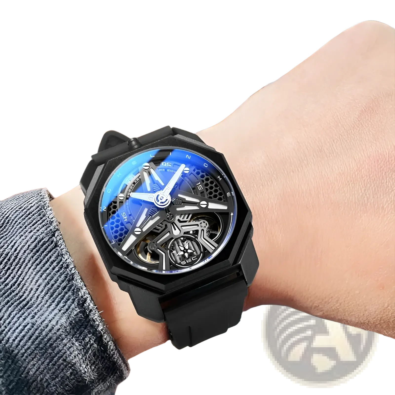 Automatic skeleton mechanical watch for men with black octagonal case blue dial and exposed gears on wrist