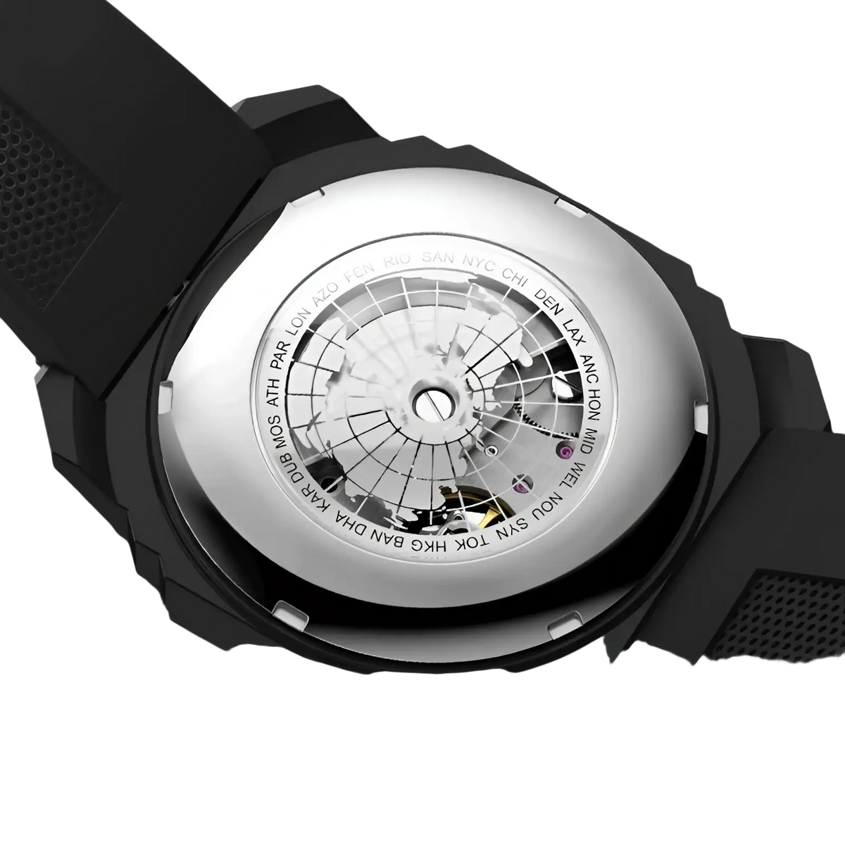 Automatic skeleton mechanical watch for men with black rubber strap and silver-toned case showing mechanical movement