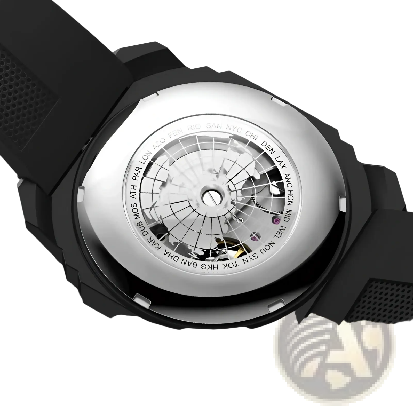 Automatic skeleton mechanical watch for men with black rubber strap and silver-toned case showing mechanical movement