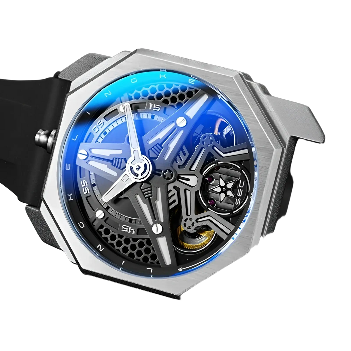 Automatic skeleton mechanical watch for men with a silver case, blue-lit skeletonized face, and black rubber strap