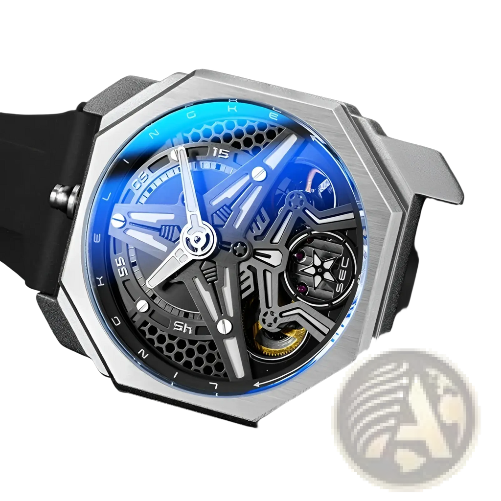 Automatic skeleton mechanical watch for men with a silver case, blue-lit skeletonized face, and black rubber strap