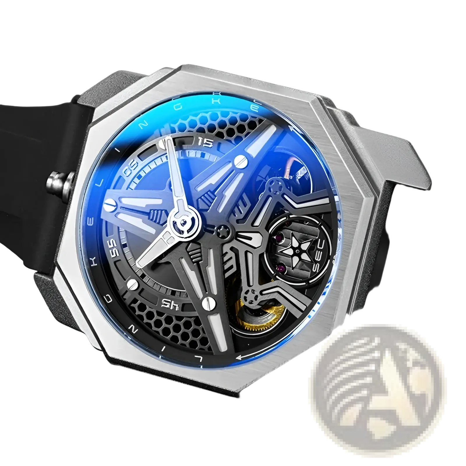 Automatic skeleton mechanical watch for men with a silver case, blue-lit skeletonized face, and black rubber strap