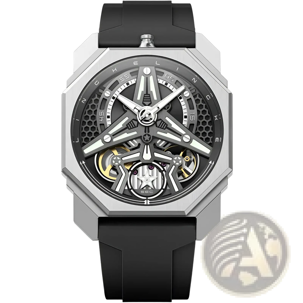 Automatic skeleton mechanical watch for men with a silver-toned octagonal case, exposed gold-accented movement, and black rubber strap