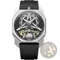 Automatic skeleton mechanical watch for men with a silver-toned octagonal case, exposed gold-accented movement, and black rubber strap