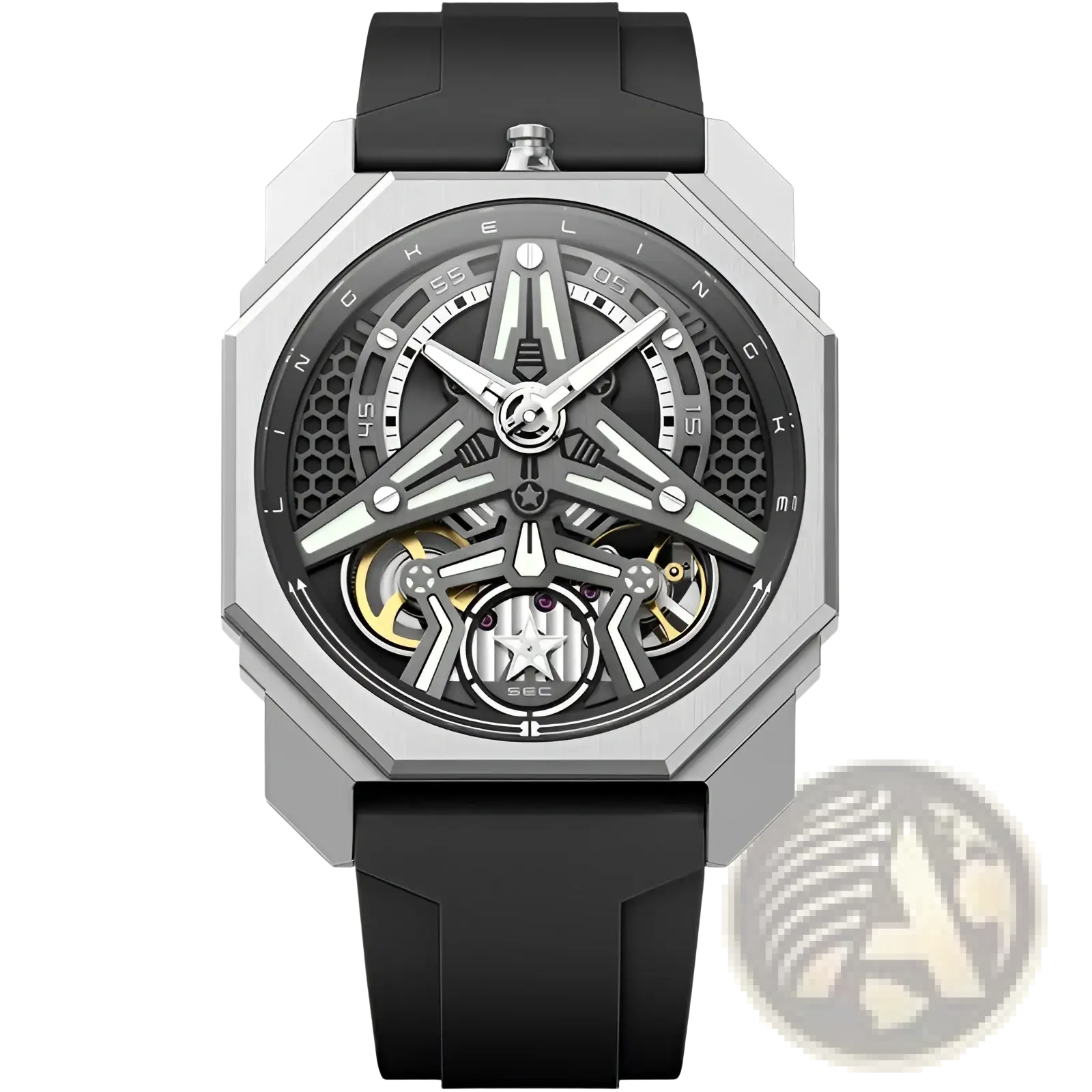Automatic skeleton mechanical watch for men with a silver-toned octagonal case, exposed gold-accented movement, and black rubber strap