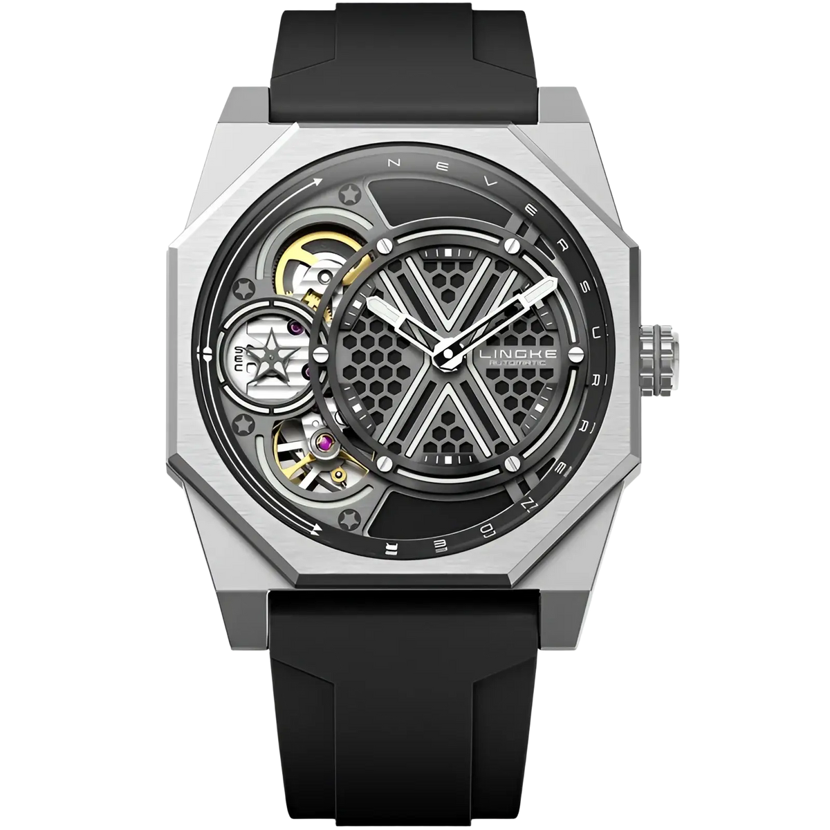 Automatic skeleton mechanical watch for men with silver-toned linke case, skeleton dial, and black rubber strap